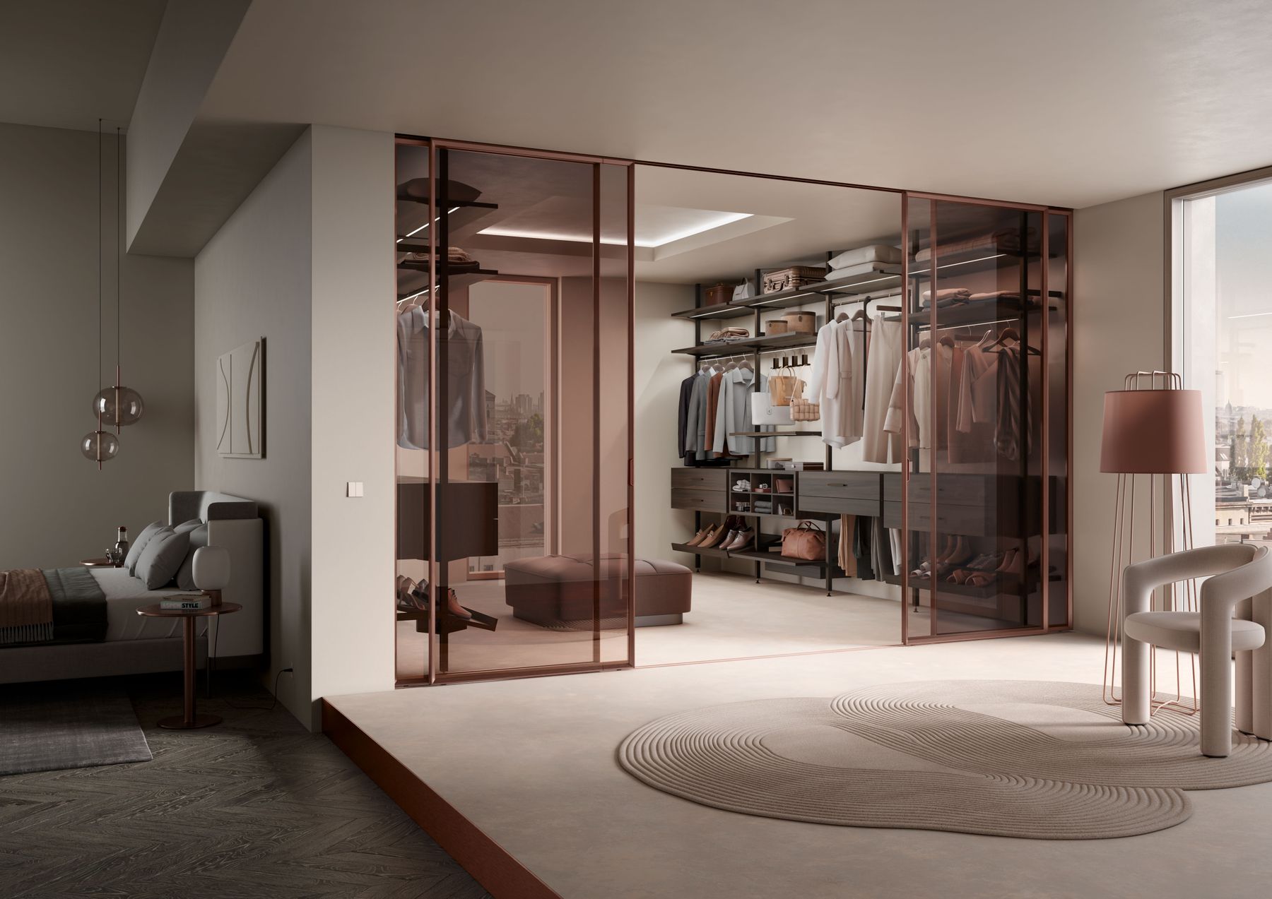 Walk-in wardrobe with fitted shelving